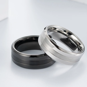 Three-in-one minimalist black and silver stainless steel rings with matte and polished finish