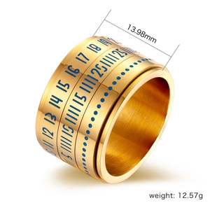 Close-up of golden rotatable stainless steel ring with blue numbers, 13.98mm width