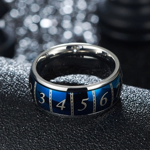 Macro view of blue stainless steel spinner ring with white poker number engravings