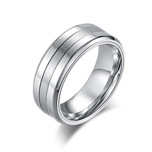 Three-in-one silver stainless steel ring for men with brushed and polished finish textures