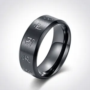 Brushed Black Stainless Steel Ring For Men Religious Buddhist Heart Mantra Engraved Band Finger Ring Fashion Jewelry Gift