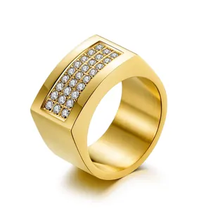 Stainless Steel Men's Ring 18K Gold Plated Brushed Punk Inlaid Rhinestone Thumb Ring For Boys Vintage Jewelry Gift