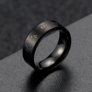 Men's black stainless steel ring with religious scriptures and brushed metal finish