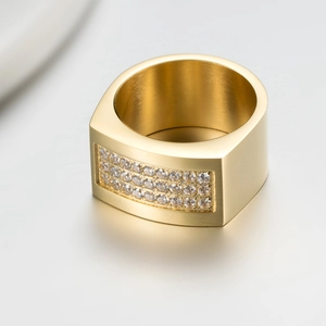 Men's 18K gold plated punk signet ring featuring triple-row iced out pave zircons