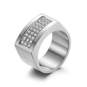 Men's wide silver ring with triple-row square pavé cubic zirconia and polished finish