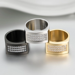 Men's 18K gold plated square ring set with iced out zircons in black, silver, and gold