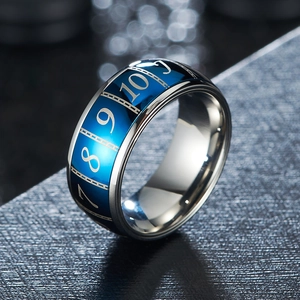 Modern spinning stainless steel ring with blue poker pattern and numeric details