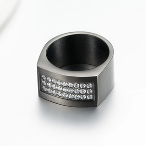 Men's punk style black plated wide ring with three rows of white cubic zirconia