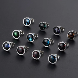 Stainless Steel 12 Zodiac Luminous Stud Earrings Galaxy Constellation Glass Dome Night Glow Geometric Jewelry Gift