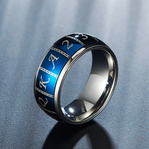 Rotating stainless steel poker card ring with blue finish and card patterns