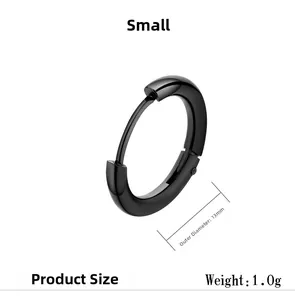 Detail view of 13mm black stainless steel hoop earring with technical size specifications