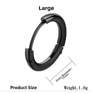 Detail of 17mm black stainless steel hoop earring with polished finish and product dimensions