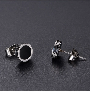 Vintage Greek meander pattern stud earrings with black inlay for men in silver finish