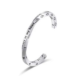 Bracelet Jonc Torsadé en Acier Inoxydable Mat Brossé Always In My Heart Gravé Symboles Géométriques Bijoux Homme Femme