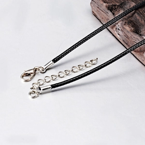 Black waxed cord leather necklace with stainless steel lobster clasp and extension chain