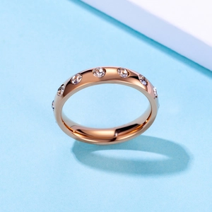 Polished rose gold stainless steel ring for women featuring full circle zircon inlay