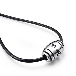 Retro stainless steel barrel pendant with Sanskrit engraving on black wax rope cord