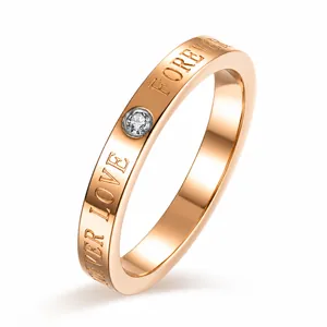 Forever Love Engraved Stainless Steel Zirconia Ring Rose Gold Plated Polished Couple Band Ring For Valentine Day Gift Jewelry