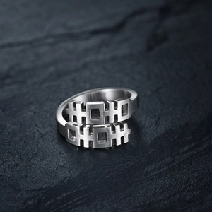 Anello etnico argento con carattere Xi in acciaio inossidabile spazzolato stile cinese