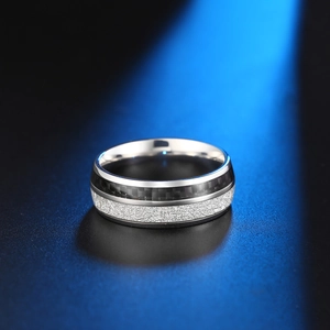 Titanium steel ring featuring black carbon fiber and sparkling silver inlay texture