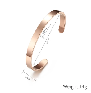 Rose gold cuff bracelet detail showing 6mm width and 62mm inner diameter dimensions