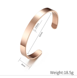 Detail view of rose gold cuff bracelet with 8mm width and 2mm thickness dimensions