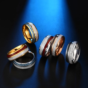 Men's stainless steel rings set with carbon fiber and natural wood inlays in various finishes