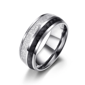 Polished silver stainless steel ring with carbon fiber and meteorite texture inlays for men