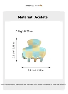 Detailed dimensions of blue and beige checkerboard acetate hair claw clip, 3.5cm width