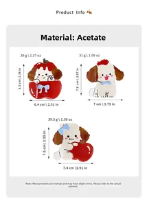 Detailed size chart for acetate cartoon dog hair claws with precise dimensions and weight