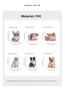 Detailed size and weight specs for six dog-shaped PVC hair claws including Corgi and Husky