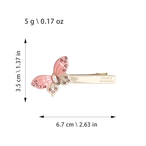 Pink and beige acetate butterfly hair clip with rhinestones and handmade marking