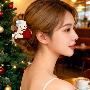 Cartoon dog hair claw clip with red heart and blue bow for girls stylish updo styling