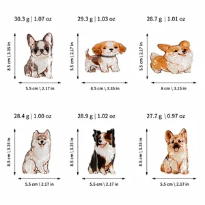 Size chart for cute dog-shaped hair claws showing dimensions for various breeds