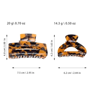 French tortoise shell hair claws in rectangle and crescent shapes with size measurements