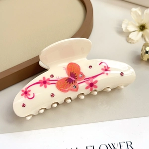 Elegante pinza para el cabello crema con motivos florales rosas y pedrería brillante