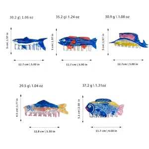 Size chart for 5 ocean animal hair claws including shark and tuna styles with dimensions