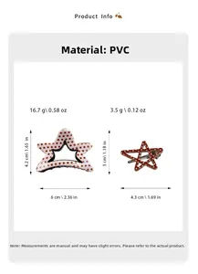 Detailed size and weight specs for red and white polka dot star hair clips in PVC material