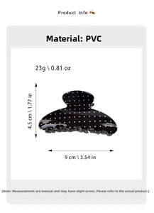 Detailed view showing dimensions and PVC material of the black polka dot hair claw clip