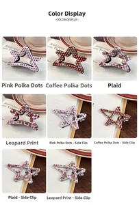 Detail view showing leopard and plaid star-shaped acetate hair claws and side clips set
