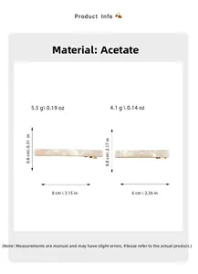 Detailed size chart for tortoise acetate hair clips in creamy marble texture