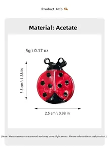 Detail showing red acetate ladybug hair clip with dimensions 3.5cm by 2.5cm