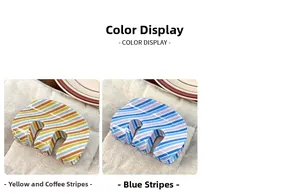 Detail display of striped M-shaped hair claws in yellow-brown and blue acetate patterns