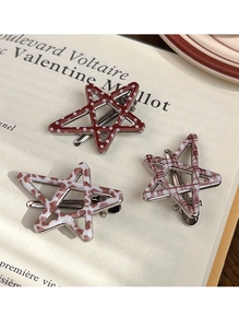 Three-piece star-shaped hair clips featuring vintage leopard, polka dot, and plaid patterns