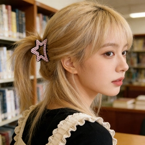 Pink star hair claw with red polka dots worn by a blonde model in a cozy library setting