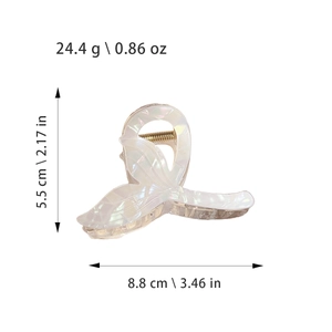 Elegant fishtail hair claw clip in pearlescent white with dimensions 8.8cm by 5.5cm