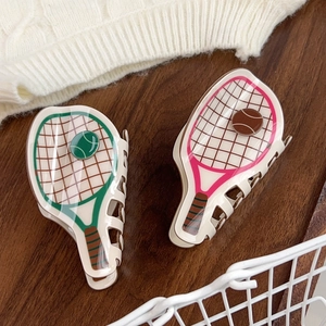Tennis racket shaped hair claws set in beige and green, sport style large hair clips