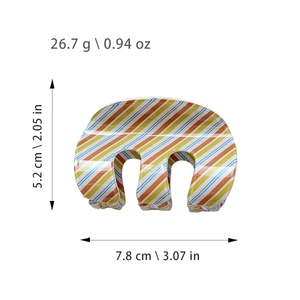 Minimalist striped hair claw clip with colorful patterns and detailed dimensions