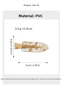 Detailed view of 6cm x 1.9cm transparent gold foil PVC hair clip with dimensions