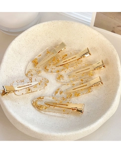 Set of 6 transparent resin hair clips with gold foil flakes and polished metal base